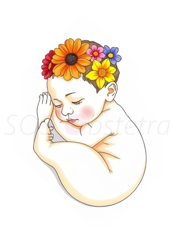 Exemplo de arte gestacional: ilustração de um bebê em posição fetal com flores coloridas adornando a cabeça, disponível como modelo no curso online de arte gestacional da SOSObstetra.