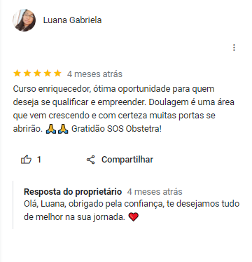 Depoimento de Luana Gabriela, destacando o curso de Doula da SOSObstetra como uma ótima oportunidade para quem deseja se qualificar e empreender na área de doulagem, agradecendo pela experiência.